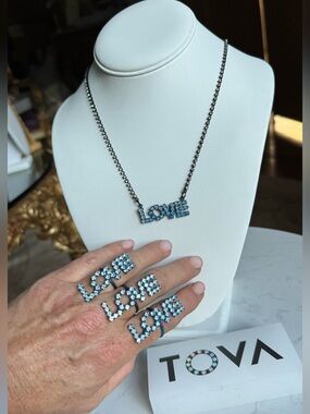 Tova denim Blue 'LOVE' Crystal adjustable Ring